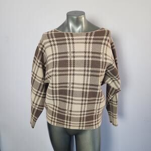 Adrienne Vittadini Brown Plaid Boat Neck Sweater | Womens Medium